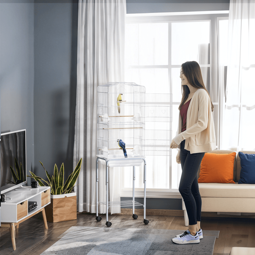 Bird Cage for Budgie Finch Canary Parakeet W/ Stand Sliding Tray White Pawhut - WHISKELLO