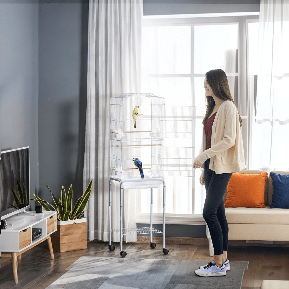 Bird Cage for Budgie Finch Canary Parakeet W/ Stand Sliding Tray White Pawhut - WHISKELLO