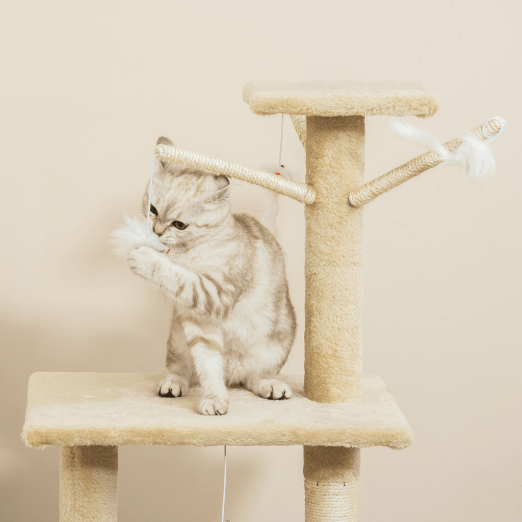 Cat Tree Kitty Activity Centre Condo Scratching Post with Toys Beige 131cm - WHISKELLO