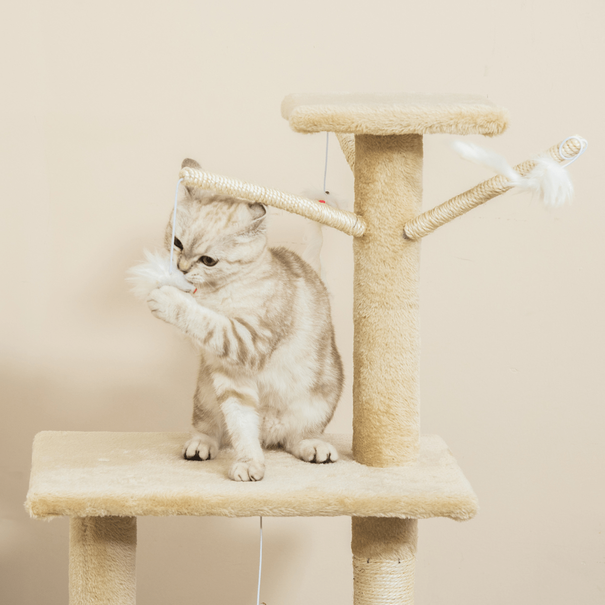 Cat Tree Kitty Activity Centre Condo Scratching Post with Toys Beige 131cm - WHISKELLO