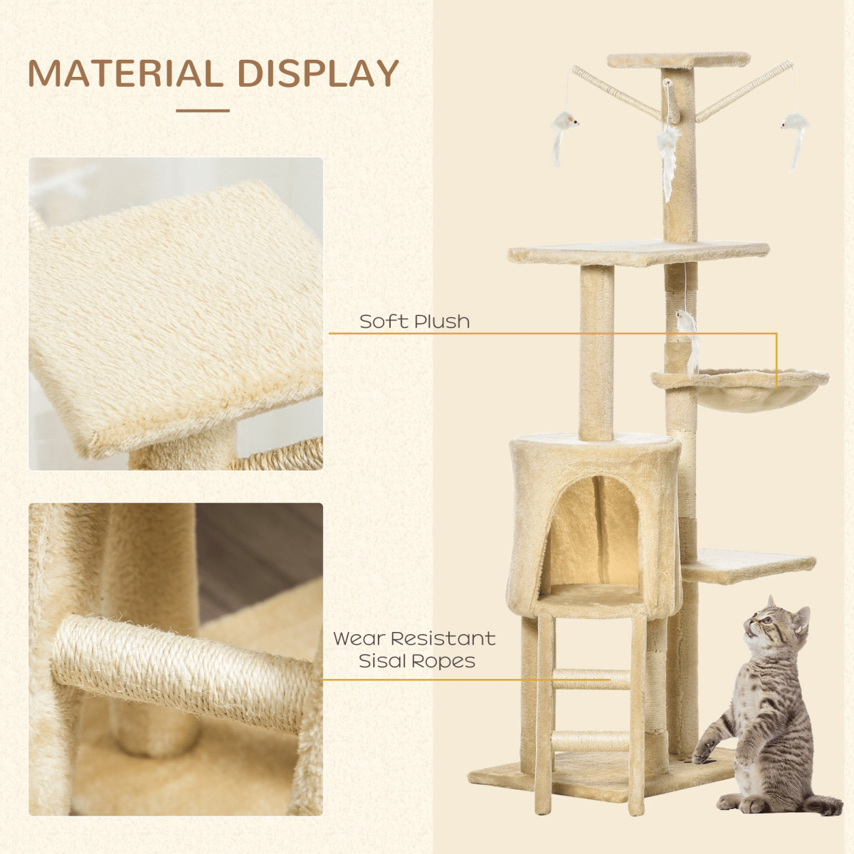 Cat Tree Kitty Activity Centre Condo Scratching Post with Toys Beige 131cm - WHISKELLO