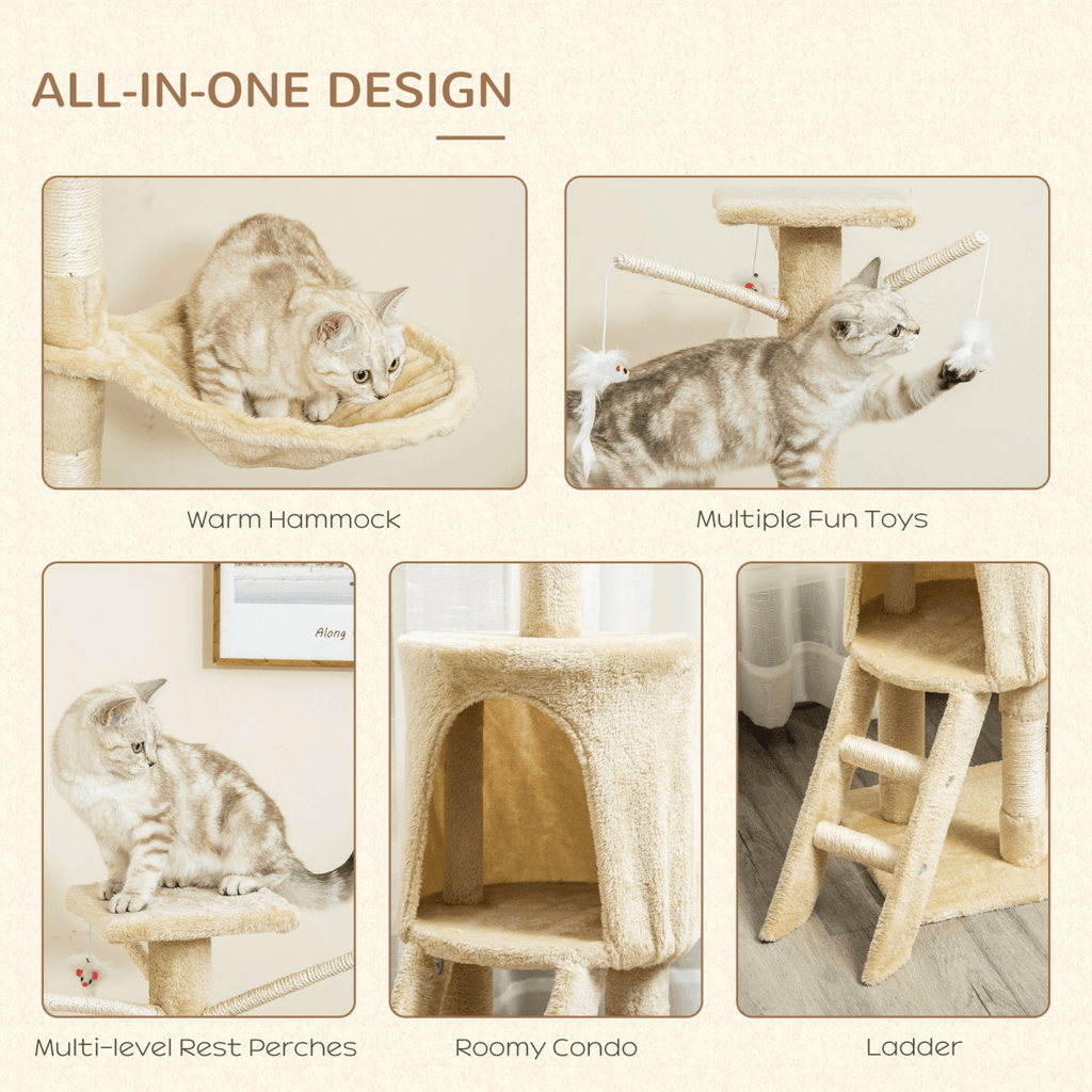 Cat Tree Kitty Activity Centre Condo Scratching Post with Toys Beige 131cm - WHISKELLO