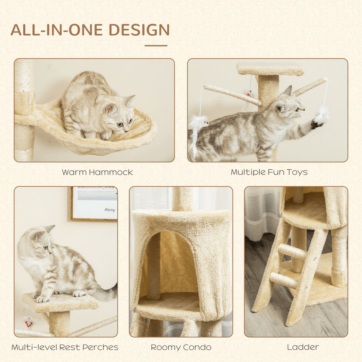 Cat Tree Kitty Activity Centre Condo Scratching Post with Toys Beige 131cm - WHISKELLO