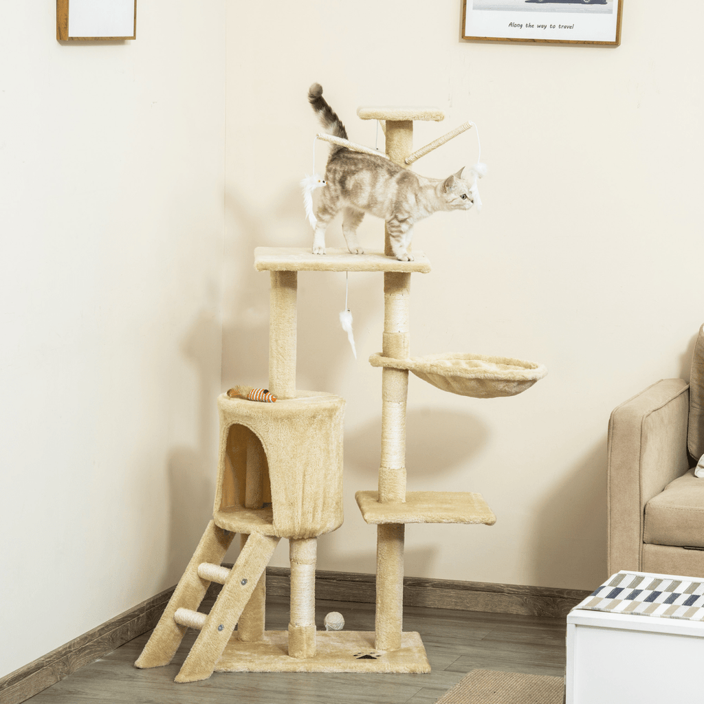Cat Tree Kitty Activity Centre Condo Scratching Post with Toys Beige 131cm - WHISKELLO