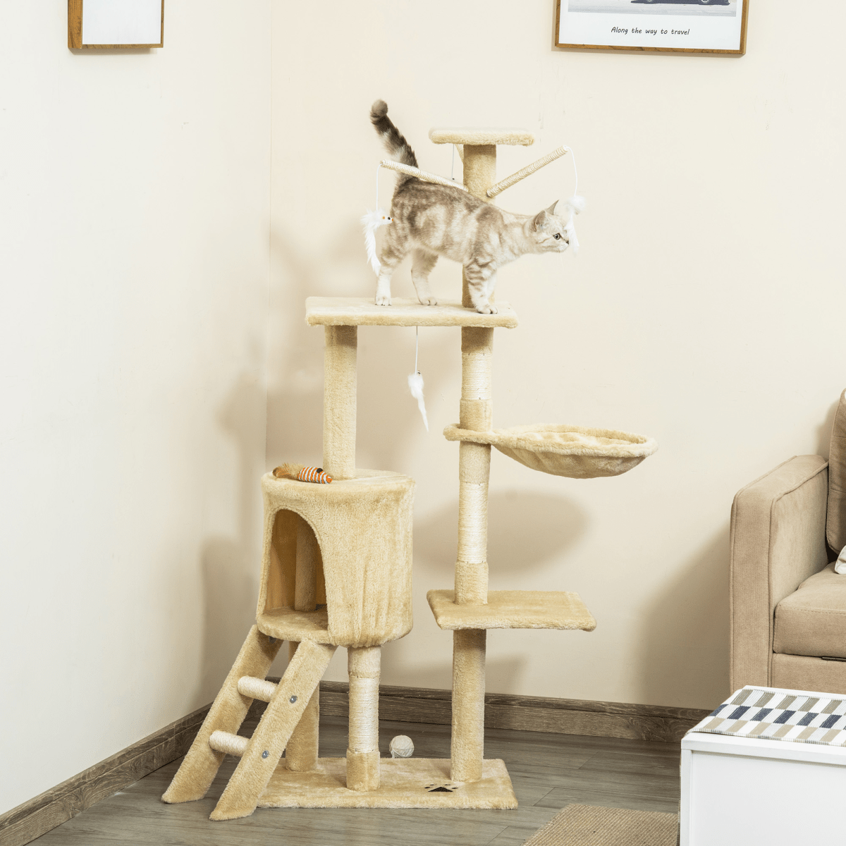 Cat Tree Kitty Activity Centre Condo Scratching Post with Toys Beige 131cm - WHISKELLO