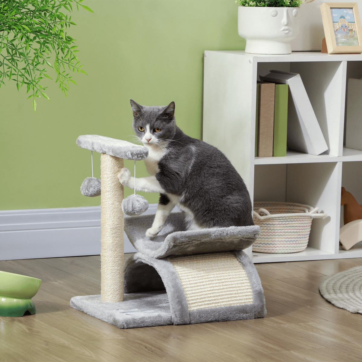 Cat Tree Plush Scratcher Activity Play Center Tunnel Dangling Ball - WHISKELLO