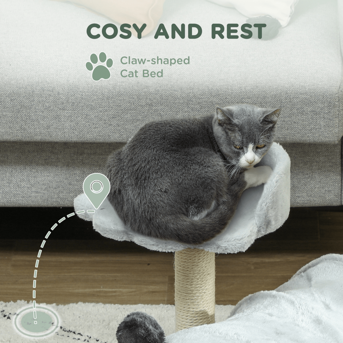 PawHut Cat Tree w/ Scratching Post, Bed, Cat Tunnel, Toy Ball, Grey - WHISKELLO