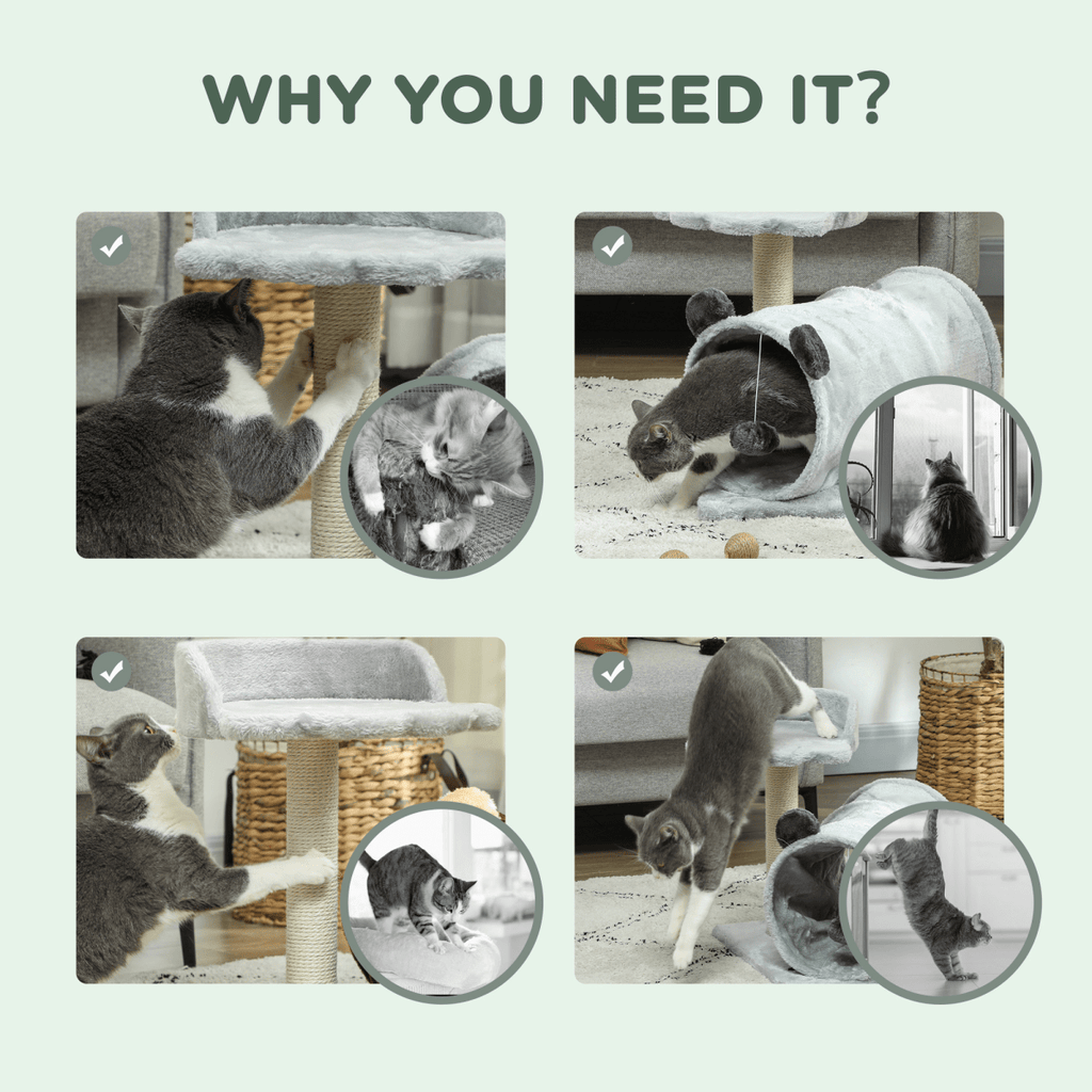 PawHut Cat Tree w/ Scratching Post, Bed, Cat Tunnel, Toy Ball, Grey - WHISKELLO