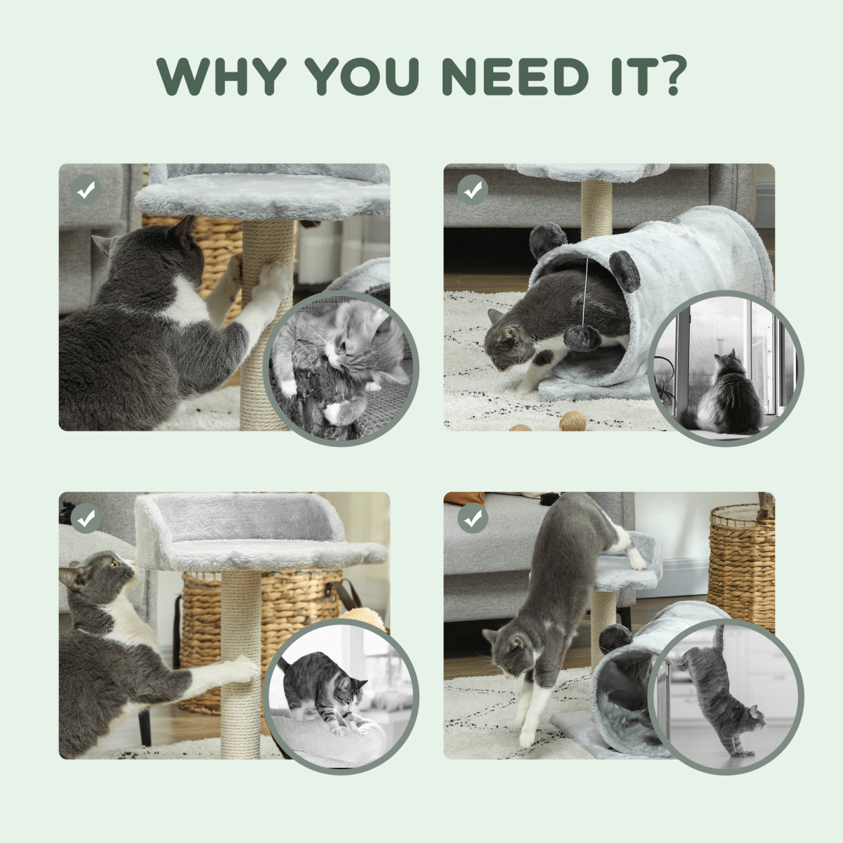 PawHut Cat Tree w/ Scratching Post, Bed, Cat Tunnel, Toy Ball, Grey - WHISKELLO