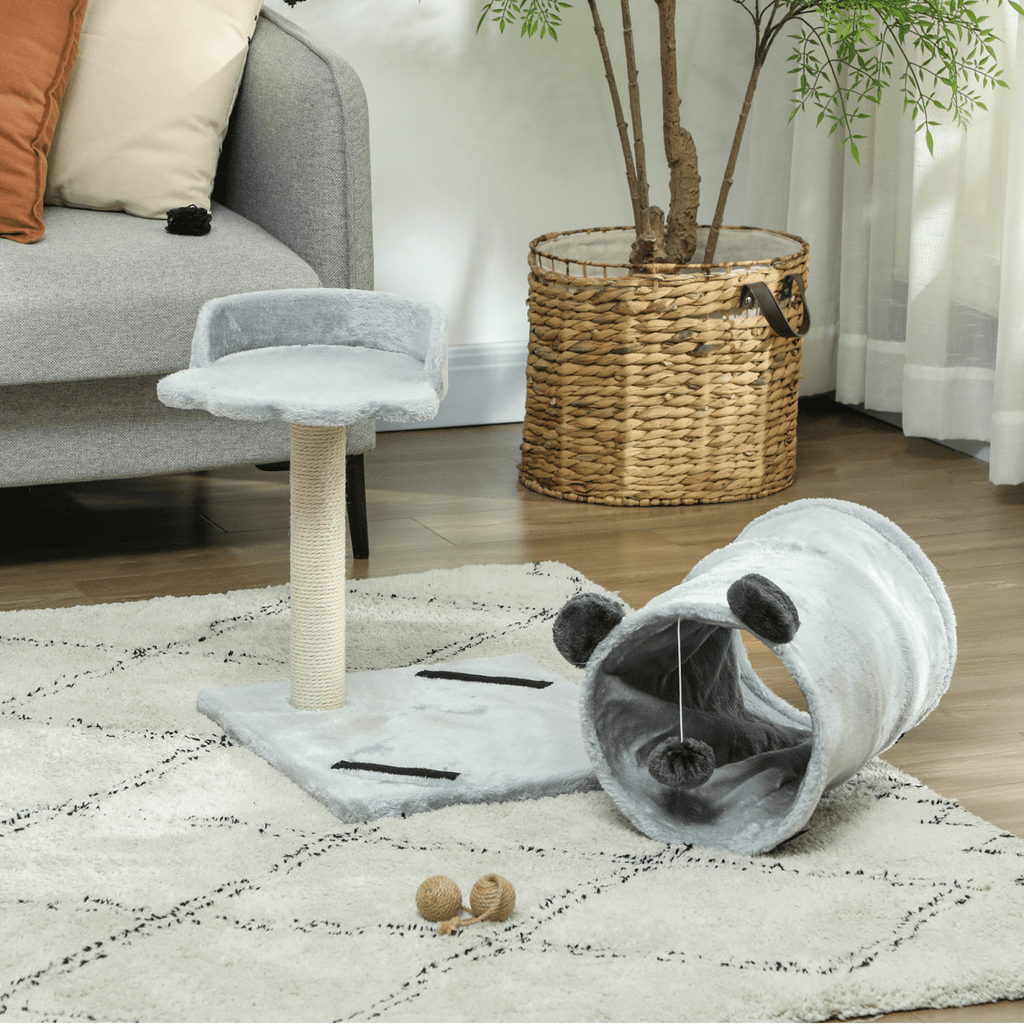 PawHut Cat Tree w/ Scratching Post, Bed, Cat Tunnel, Toy Ball, Grey - WHISKELLO