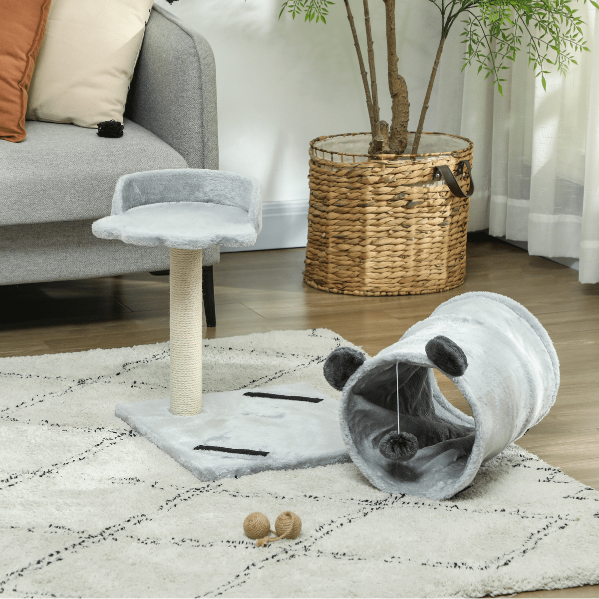 PawHut Cat Tree w/ Scratching Post, Bed, Cat Tunnel, Toy Ball, Grey - WHISKELLO