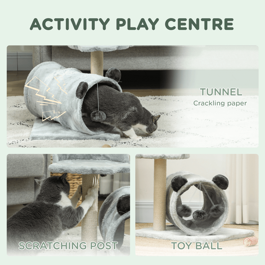 PawHut Cat Tree w/ Scratching Post, Bed, Cat Tunnel, Toy Ball, Grey - WHISKELLO