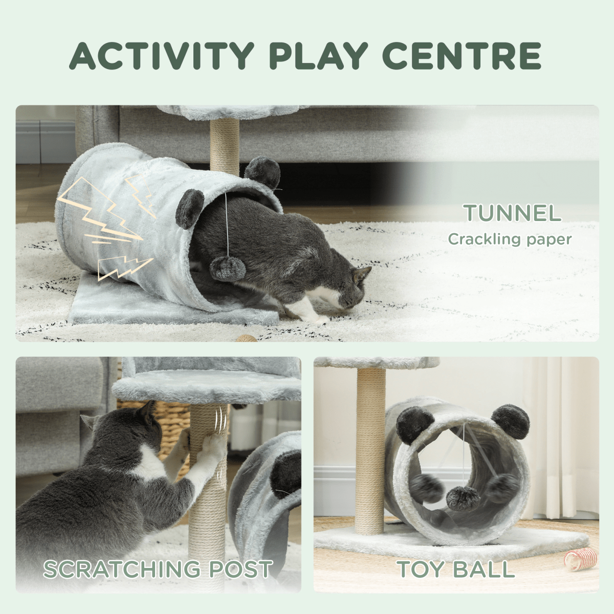 PawHut Cat Tree w/ Scratching Post, Bed, Cat Tunnel, Toy Ball, Grey - WHISKELLO