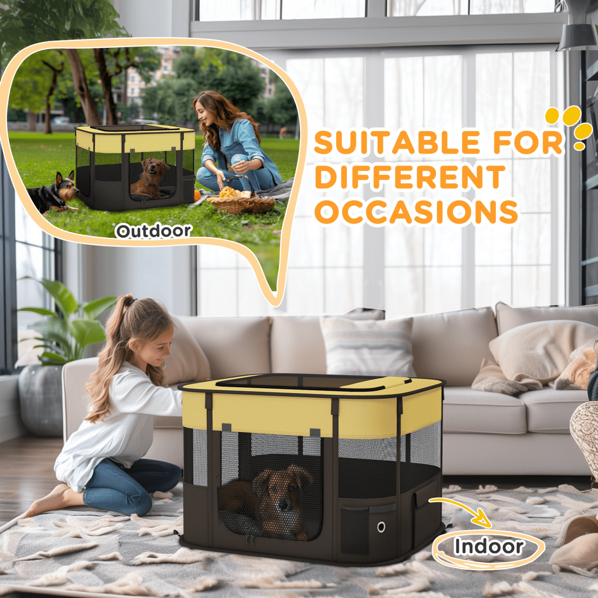 PawHut Portable Dog Pen for Puppies, Rabbits, Kittens, Guinea Pigs - Yellow - WHISKELLO