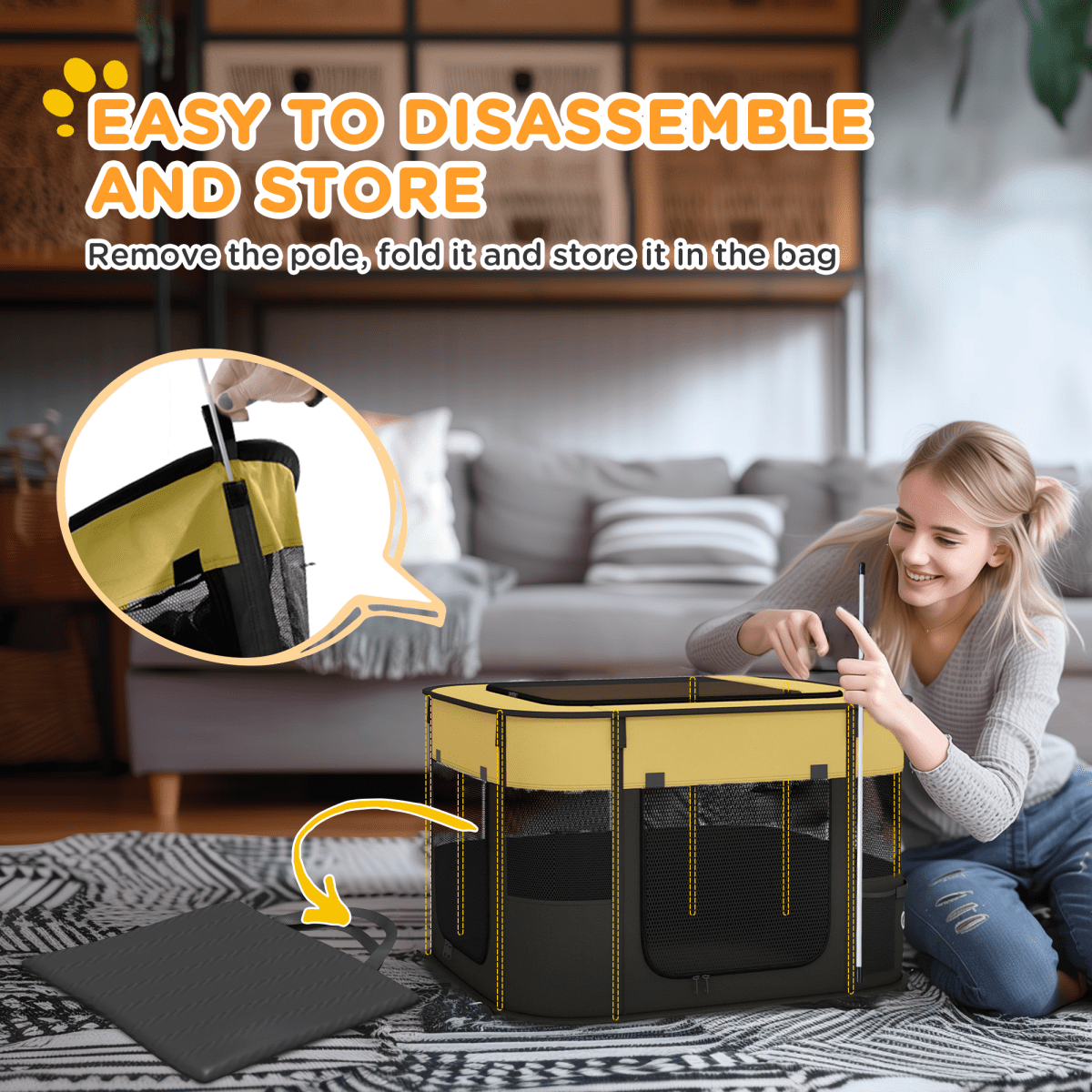 PawHut Portable Dog Pen for Puppies, Rabbits, Kittens, Guinea Pigs - Yellow - WHISKELLO