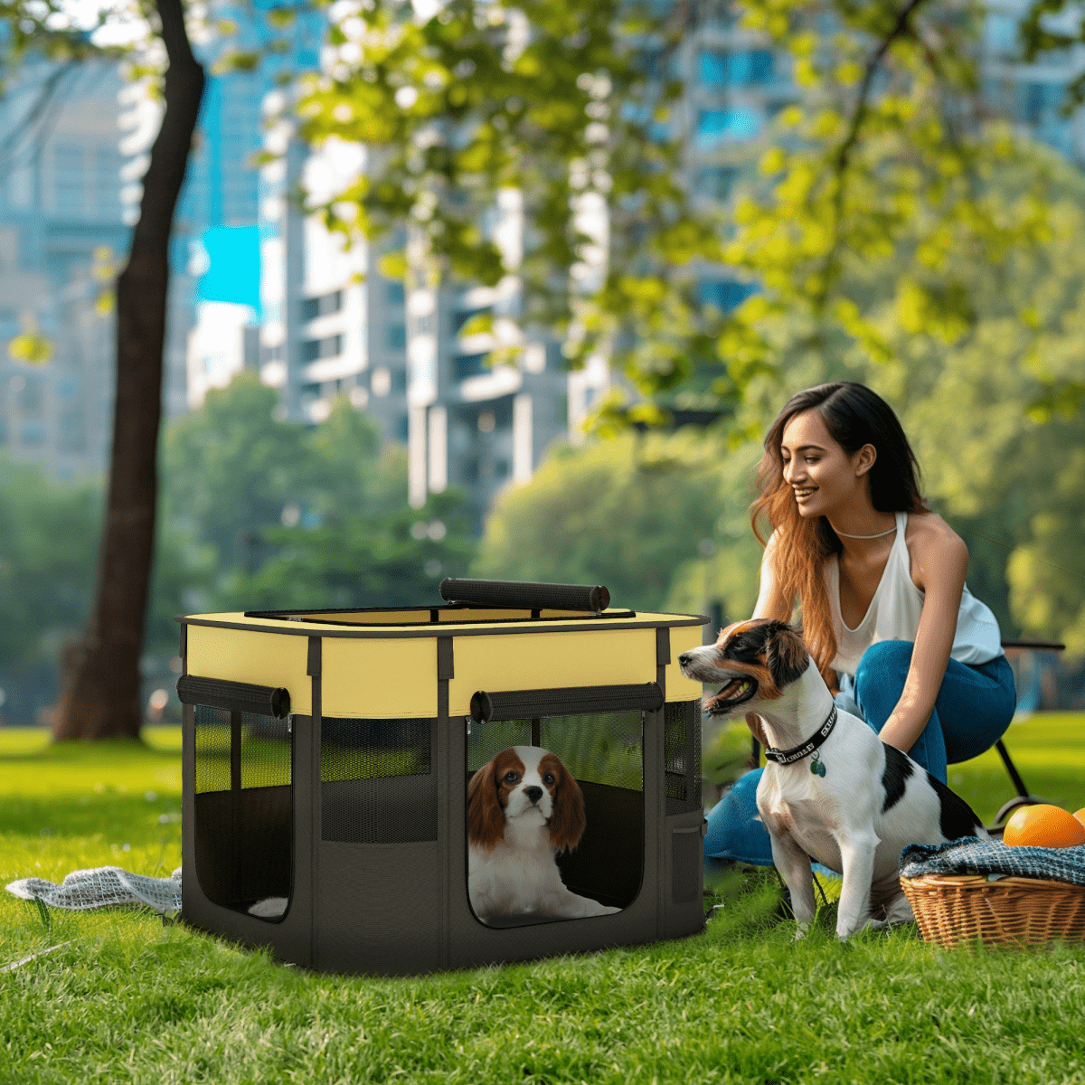 PawHut Portable Dog Pen for Puppies, Rabbits, Kittens, Guinea Pigs - Yellow - WHISKELLO