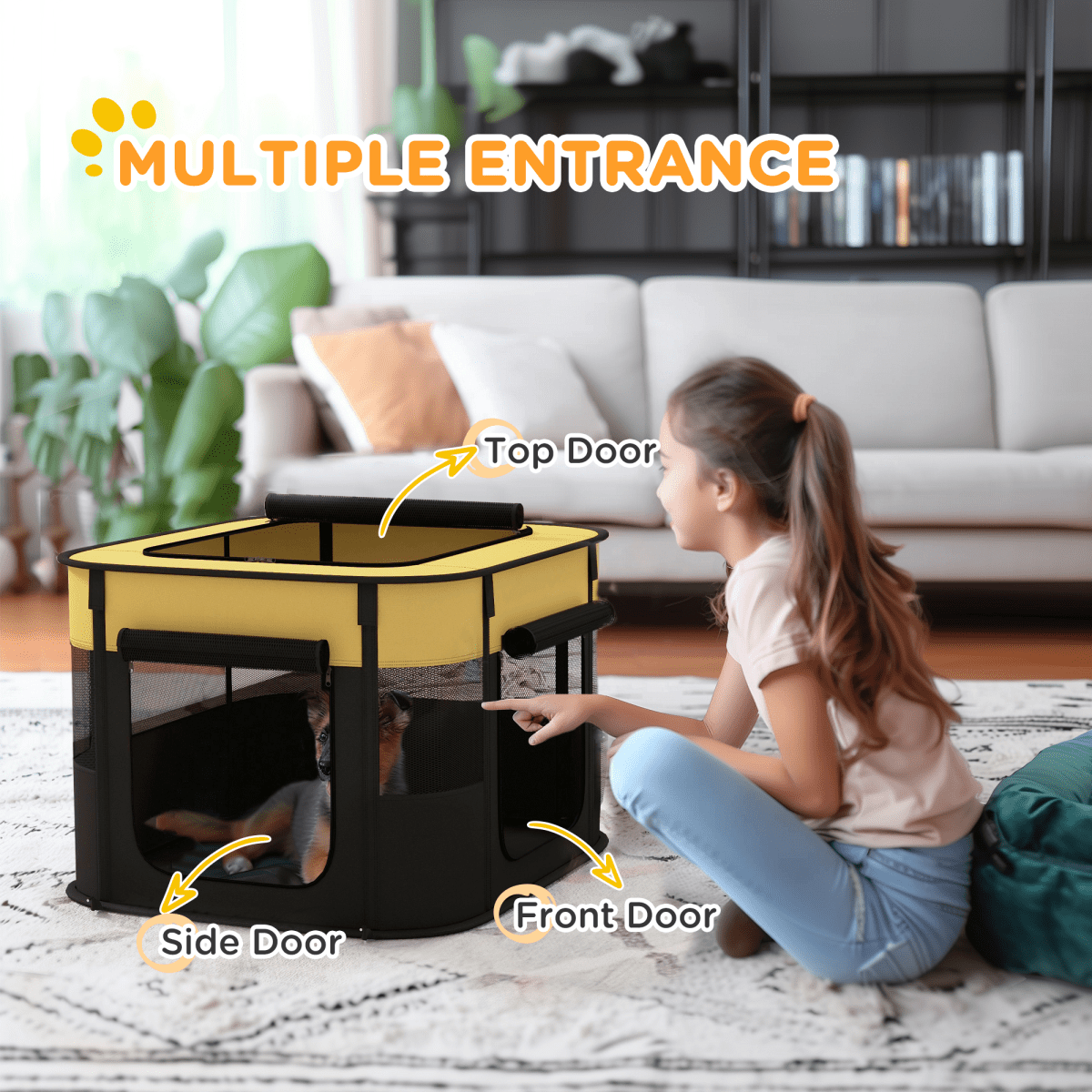 PawHut Portable Dog Pen for Puppies, Rabbits, Kittens, Guinea Pigs - Yellow - WHISKELLO